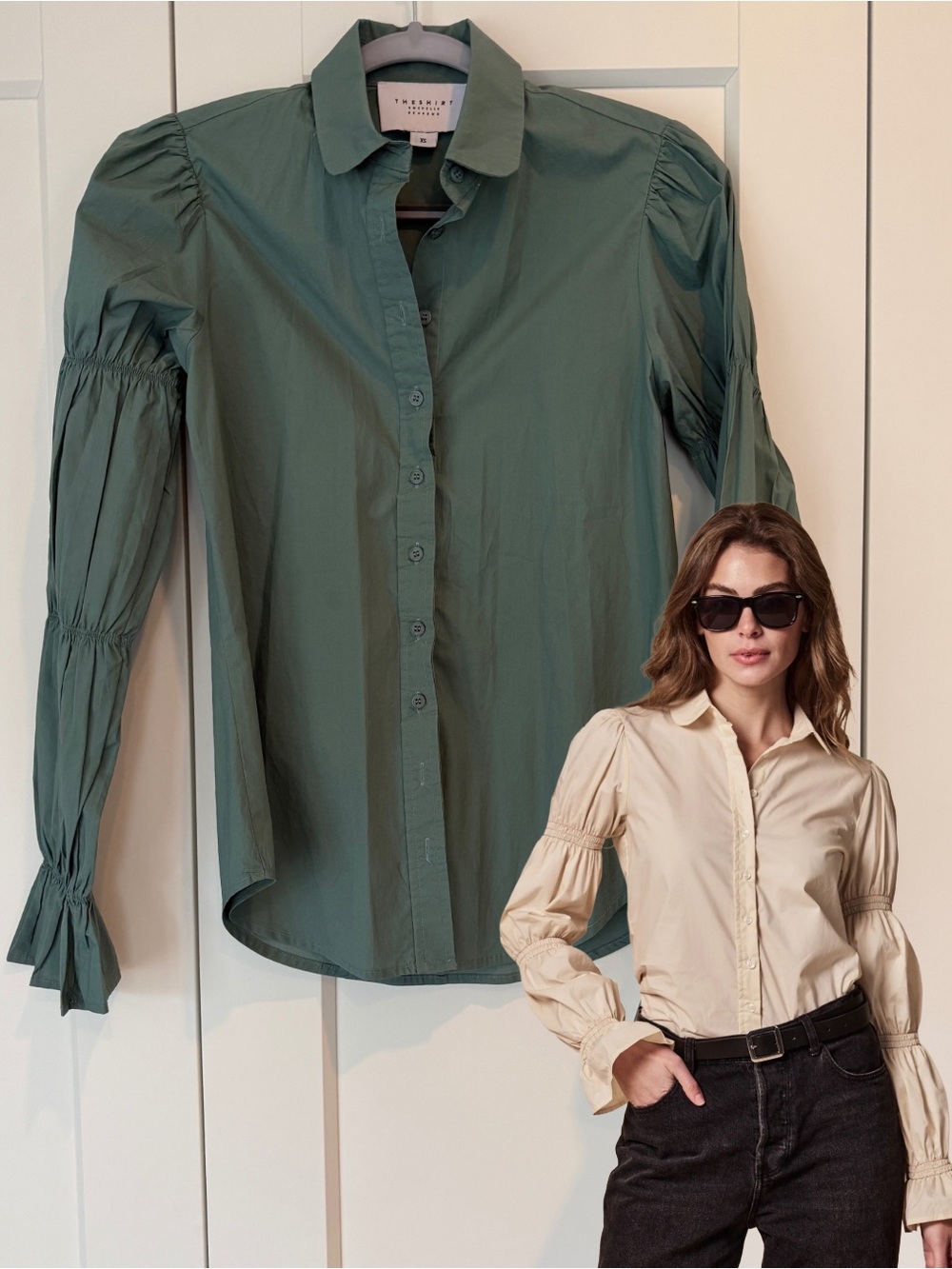The Shirt by Rochelle Behrens Cinch Long Sleeve Button-Down Shirt Green